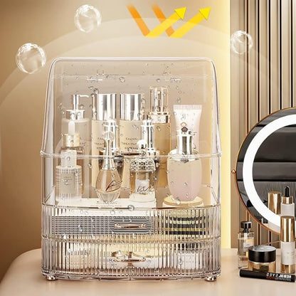 Plukers Makeup Organizer Countertop Vanity with Transparent Lid Drawers Waterproof Dustproof Cosmetic Skincare Bathroom Storage Gift for Women Teens Girls (Clear Whtie)
