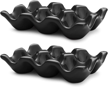 Flexzion Porcelain Egg Crate - 6-Egg Capacity Ceramic Egg Tray, Half Dozen Egg Holder for Fridge, Countertop Display - Black Decorative Serving Dish and Storage Organizer, 2 Pack