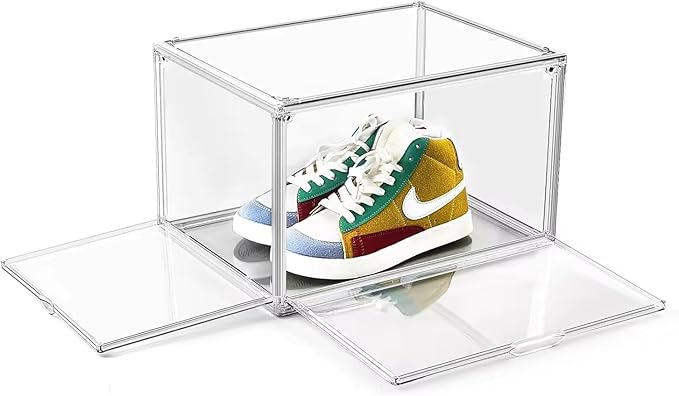 Acrylic Clear Stackable Shoe Storage Boxes – Stackable Shoe Cabinet For Closet, Space Saving Shoe Organizer With Magnetic Doors 2 Lids Open For Sneakers, Trainers, Pumps, Heels, Flats (8)