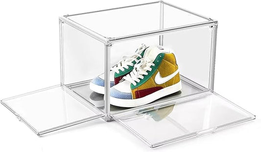 Acrylic Clear Stackable Shoe Storage Boxes – Stackable Shoe Cabinet For Closet, Space Saving Shoe Organizer With Magnetic Doors 2 Lids Open For Sneakers, Trainers, Pumps, Heels, Flats (4)