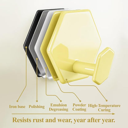 Tindbea Adhesive Towel Hooks Heavy Duty Wall Hooks Waterproof Stainless Steel Shower Rack for Coat, Key, Hat, Robe, Clothes, Picture Hanging Towel Hooks for Bathrooms Kitchen Door (4-Pack, Yellow)