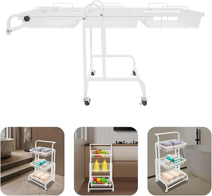 3 Tier Adjustable Storage Carts, Movable Utility Cart, Metal Rolling Cart, Multi-Functional Storage Trolley w/Wheels, Storage Shelves for Kitchen/Bathroom/Bedroom/Office (White)