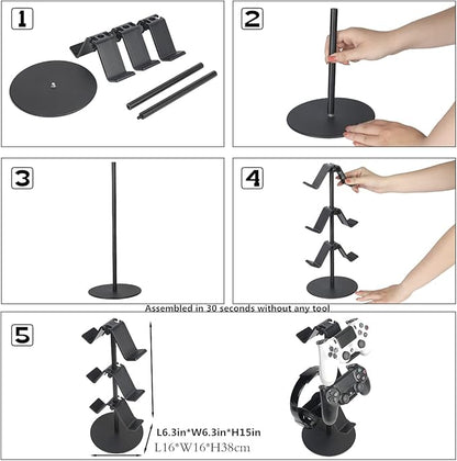 Controller Stand 3 Tier,Headphone Holder, Multi Adjustable Game Controller Headset Hanger for All Universal Gaming PC Accessories, Xbox PS4 PS5 Nintendo Switch(Smart Black)