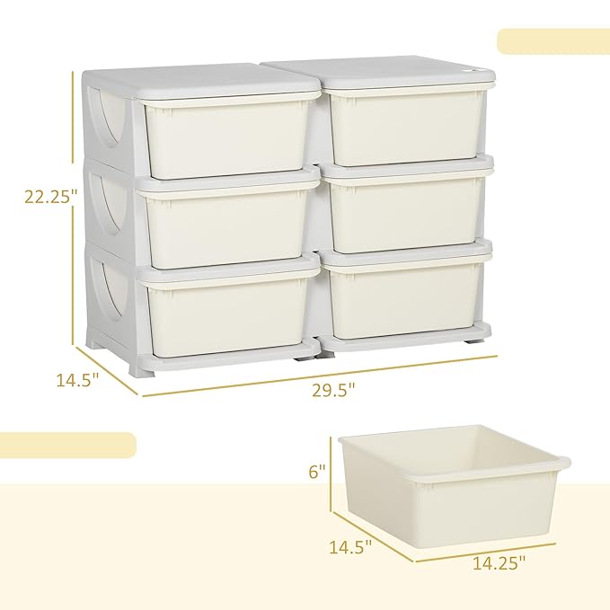 Qaba 3 Tier Kids Storage Unit, Toy Organizers and Storage with 6 Drawer Chest for Kids Bedroom Nursery Kindergarten Living Room for Boys Girls Toddlers, Cream White