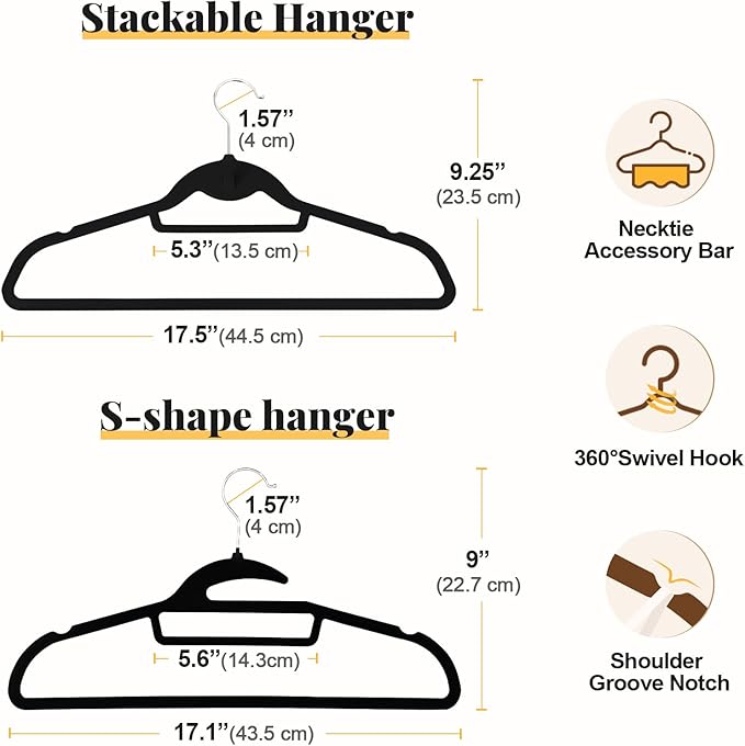 UEAKPIC Black Velvet Hangers 50 Pack, S-Shaped and Stackable Non Slip Felt Hanger with 360°Swivel Hook, Ultra Thin and Space Saving Flocked Hangers for Suits, Shirts, Coats, 15Lbs Capacity Heavy Duty