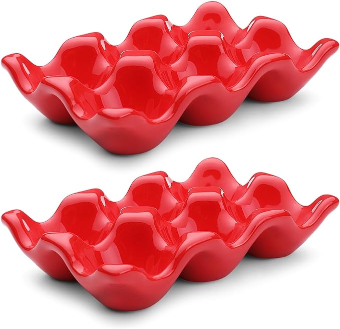 Flexzion Ceramic Egg Tray - 6 Egg Capacity Half Dozen Holder, Red Decorative Serving Dish and Storage Organizer, 2 Pack