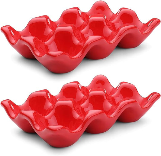 Flexzion Ceramic Egg Tray - 6 Egg Capacity Half Dozen Holder, Red Decorative Serving Dish and Storage Organizer, 2 Pack