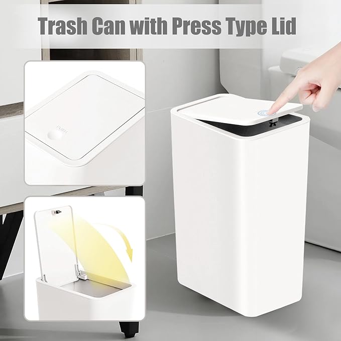TIPGO Bathroom Trash Can with Lid, 10 Liter/ 2.6 Gallon Slim Garbage Can, Small Trash Bin Waste Basket with Pop-Up Lid for Kitchen, Bedroom, Living Room, Office (2 Pack, White)
