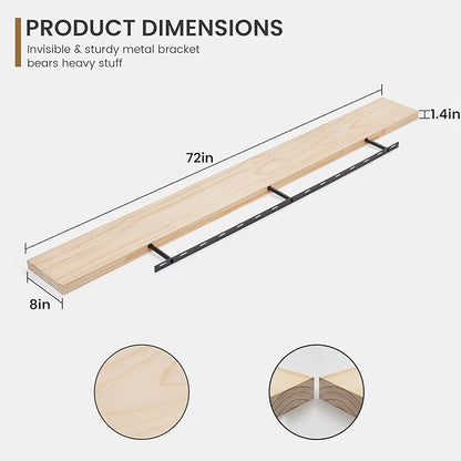 Fun Memories Floating Shelves 72 Inches Long - 8 Inch Deep Rustic Solid Wood for Storage - Farmhouse Wall Mounted for Living Room - Heavy-Duty Metal Bracket - 72" W x 8" D - Natural Unfinished for DIY