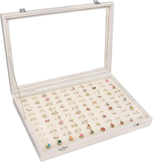 Rings Organizer Tray 100 Slot Velvet Ring Earring Storage Box TranSparent Cover Jewelry Store Ring Display Box Jewelry Display Cabinet for Girl Wife Mother