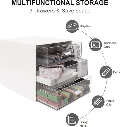Desk Organizer with Drawer, Desk Storage Box, Plastic Office Stationery Supplies Organizers, Desktop Organizer for Office School Home (3 drawer, White)