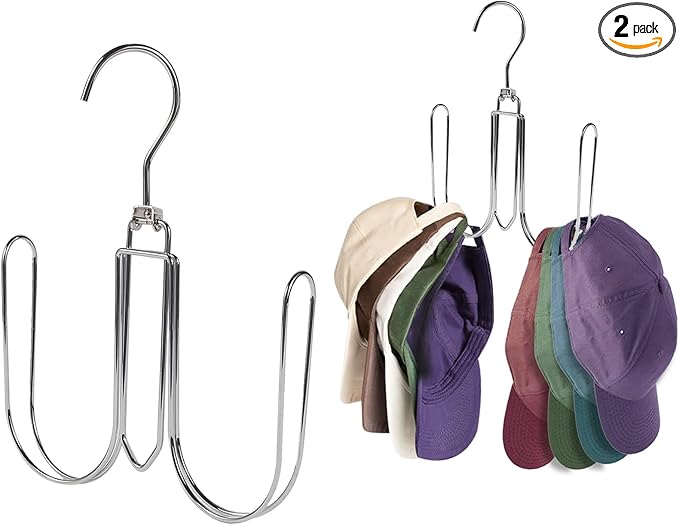NAKBINX 2 Pack Hat Hanger for Closet, Collapsible Metal Hat Organizer for Baseball Caps, Racks with 4 Big Hooks, 360° Rotation Space Saving Hangers, Better Organizer&Display for Tie, Scarves