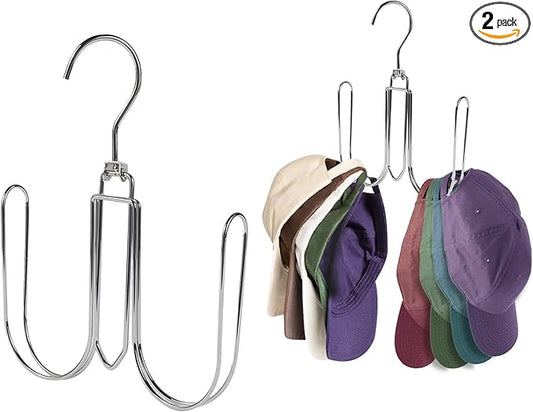 NAKBINX 2 Pack Hat Hanger for Closet, Collapsible Metal Hat Organizer for Baseball Caps, Racks with 4 Big Hooks, 360° Rotation Space Saving Hangers, Better Organizer&Display for Tie, Scarves