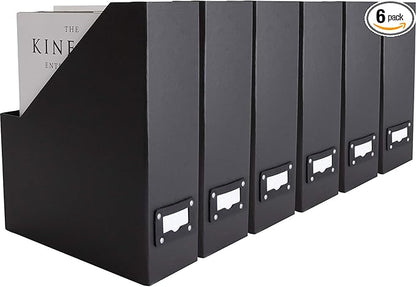 BLU MONACO Foldable Black Magazine File Holder – Set of 6 | Cardboard Desk File Organizer Boxes with Leather Label Holders | Vertical Magazine Storage for Office, Classroom & Home