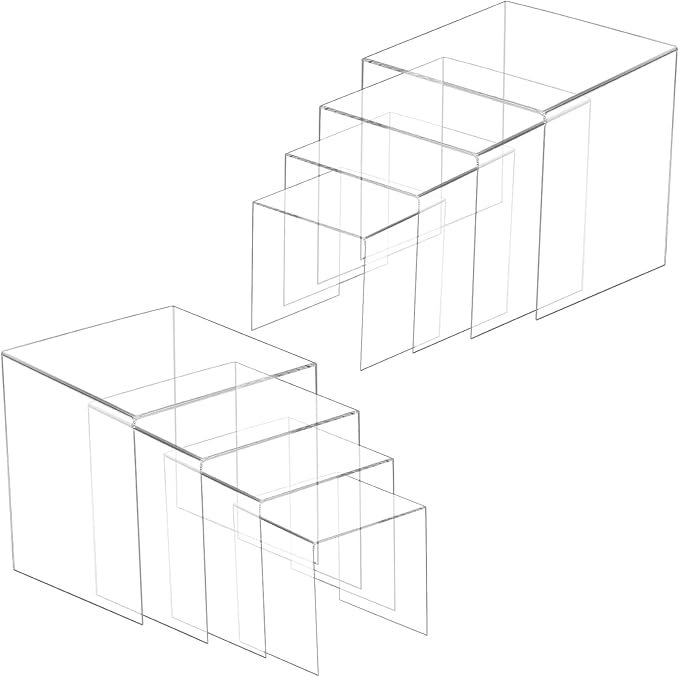 8 Pcs Square Acrylic Display Risers, 2 Sets 4 Sizes Tall Acrylic Risers Display Stands, 0.12" Thick Clear Risers for Displays, Clear Display Shelf for Figure Action Jewelry Showcase