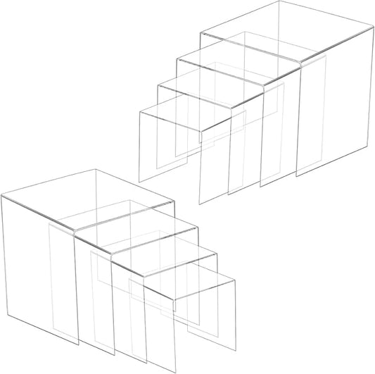 8 Pcs Square Acrylic Display Risers, 2 Sets 4 Sizes Tall Acrylic Risers Display Stands, 0.12" Thick Clear Risers for Displays, Clear Display Shelf for Figure Action Jewelry Showcase
