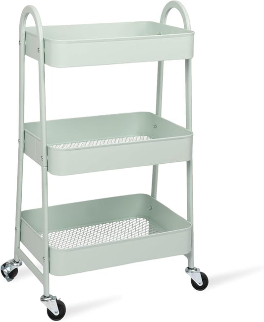 3 Tier Rolling Cart, Utility Cart Kitchen Carts on Wheels with Storage, Multifunctional Metal Organizer Cart for Bathroom, Garage, Baby Diaper, Craft, Art, Teacher, Green
