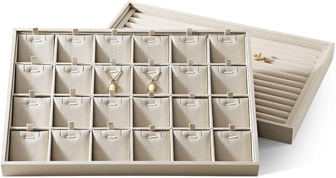 Dansmiy Linen Stackable Necklace Storage Tray, 24 Grid Pendant Display Tray, Jewellery Shop Counter Showcase Table Top Organizers, Makeup Table Drawer Insert Jewelry Tray