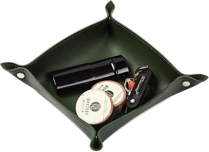 SANQIANWAN Leather Jewelry Valet Tray for Women and Man, Entryway Table Bedside Nightstand Desk Portable Small Catchall Travel Dish Plate for Key,Wallet,Watch,Phone,Coin(Dark Green-B)