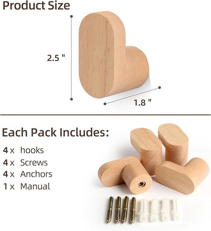 Wood Wall Hooks, Modern Minimalist Wood Hooks Wall Mounted, Natural Wooden Wall Coat Hook Rack, Wooden pegs for Hanging Hat, Towel, Robe, Bag (Pack of 4pcs)