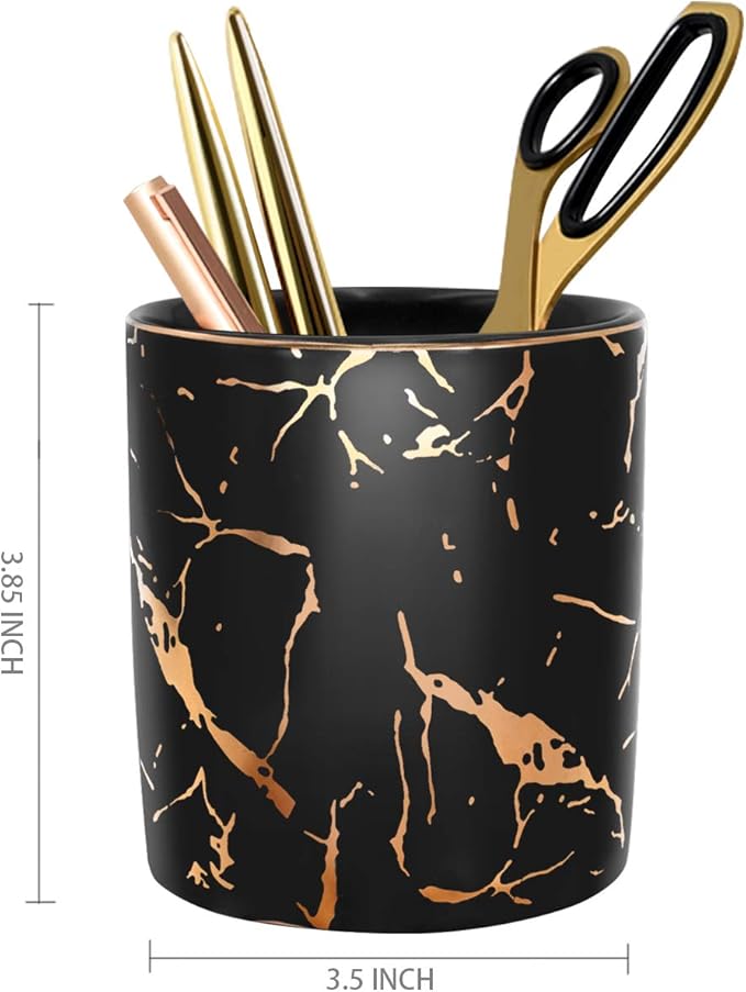 Pencil Cup, Pen Holder for Desk, Pen Pencil Stand Holder for Desk, WAVEYU Office Desk Organizer for Girls Women Kids Ceramic Glitter Marble Makeup Brush Holder, Black (Upgrade Style)
