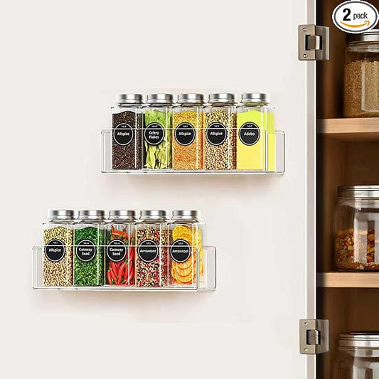 Wall Mounted Acrylic Spice Rack 2 Pack, 9 Inch Clear Pantry Door Organizer, Floating Spice Organizer, Adhesive or Screw Mounted Cabinet Seasoning Shelf