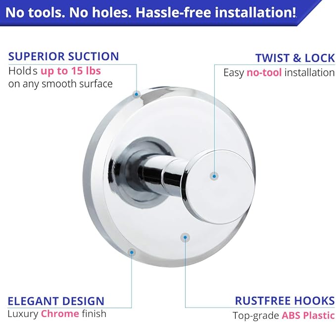 HOME SO Suction Cup Hooks for Shower, Bathroom, Kitchen, Glass Door, Mirror, Tile – Loofah, Towel, Coat, Bath Robe Hook Holder for Hanging up to 15 lbs – Waterproof & Rustproof, Chrome (4-Pack)