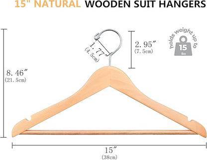 Amber Home 20 Pack 15" Natural Wooden Clothes Hangers for Woman, Teenager Clothing Hangers for Shirt Jacket, Solid Wood Dress Coat Hangers with Non Slip Pants Bar (Natural, 20)