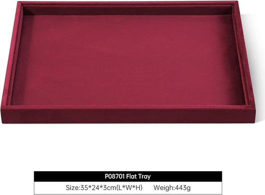 Velvet Stackable Jewelry Display Flat Tray For Ring Earring Necklace Bracelet, Bangle Pendant Storage Blank Plate, Shop Countertop Jewelry Dish Organizer (Red)