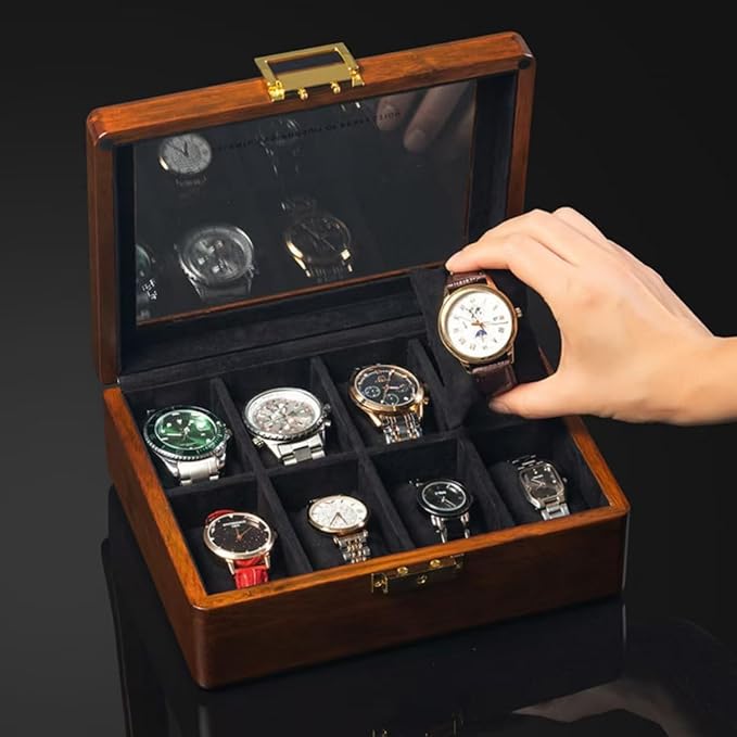 Bescott Solid Wood Watch Box 8 Slots With Glass Lid Walnut Collection Case For Men Women Luxury Wooden Display Organizer Storage Holder