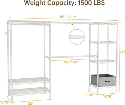 Coat Rack Clothes Wardrobe：Closet Organizer and Storage Clothing Garment Rack with Shelves Heavy Duty for Hanging Clothes Portable Adjustable White 15.8" Dx(70-88.5)" Wx76.5 H