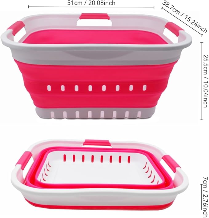SAMMART 30L (8 gallon) Collapsible 3 Handled Plastic Laundry Basket - Foldable Pop Up Storage Container/Organizer - Portable Washing Tub - Space Saving Hamper/Basket (White/Rose Pink)