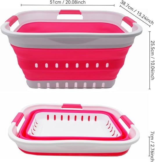 SAMMART 30L (8 gallon) Collapsible 3 Handled Plastic Laundry Basket - Foldable Pop Up Storage Container/Organizer - Portable Washing Tub - Space Saving Hamper/Basket (White/Rose Pink)