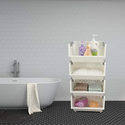 4-Pack White Stackable Storage Basket, Stacking Kitchen Organizer Bins