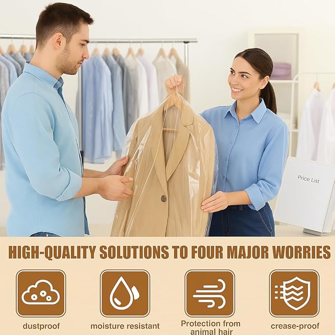 40 Pack Clear Plastic Garment Bags, 60" x 23.5" Clothes Covers for Hanging, Dry Cleaning Bags for Closet Storage, Dust-Proof Transparent Clothing Protectors for Long Dresses Skirt, Suits & Jackets