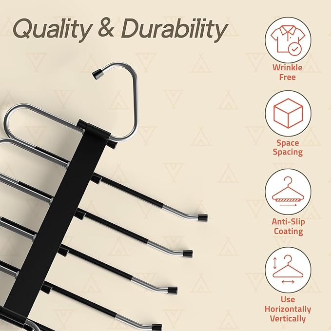 Black Space Saving Pants Hangers 2 Pack, 6 Layer Jeans Hangers and Closet Organizer for Jeans, Scarves, Skirts, Multi-Layer Hanger with Anti-Slip Coating & Stopper, Heavy-Duty S-Type Stainless Steel