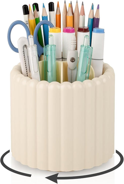 Anyoifax 360° Rotating Pen Holder 7 Slots Desk Organizer Removable Pencil Cup Plastic Art Supplies and Accessories Desktop Storage Box Caddy for Office, School, Home (Beige)
