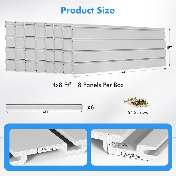 [8x4 Ft²] PVC Slat Wall Paneling, Adjustable Slatwall Panels with Coupling Structure, Slatted Wall Panel System with Customizable Storage Options, DIY Cutting & Easy-to-Install Slatwall Board Shelves