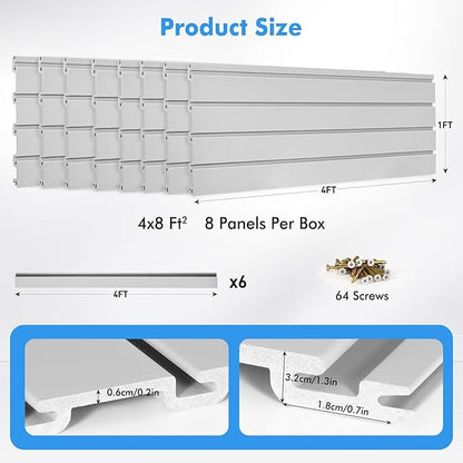 [8x4 Ft²] PVC Slat Wall Paneling, Adjustable Slatwall Panels with Coupling Structure, Slatted Wall Panel System with Customizable Storage Options, DIY Cutting & Easy-to-Install Slatwall Board Shelves