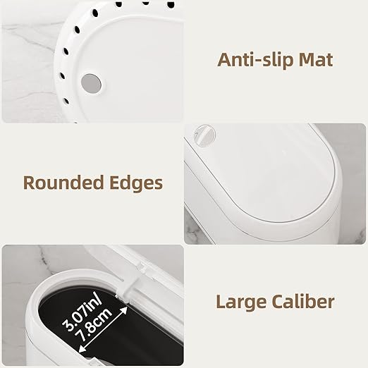 Mini Trash Can for Desk with 5 Rolls of Trash Bags, Small Press-Top Countertop Garbage Bin, Removable Waste Basket for Bedroom, Vanity, Coffee Table, Kitchen (White Full-Lid)