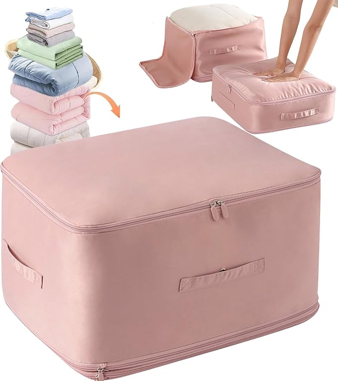 HEVOY Ultra Space Saving Self Compression Organizer, Self Compression Storage Bags, Foldable Closet Organizers Storage Tote, Moving Bag Containers with Handle for Comforters, Blankets (Pink, Large)