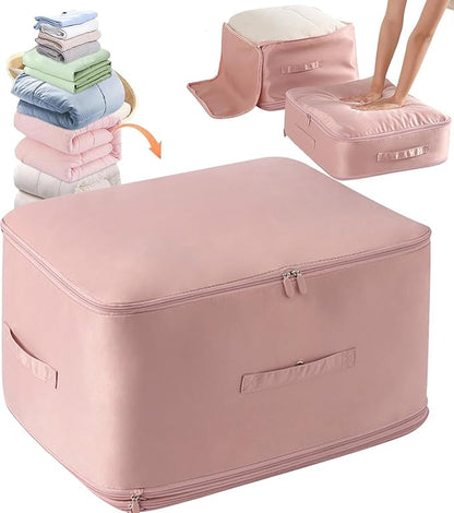 HEVOY Ultra Space Saving Self Compression Organizer, Self Compression Storage Bags, Foldable Closet Organizers Storage Tote, Moving Bag Containers with Handle for Comforters, Blankets (Pink, Large)