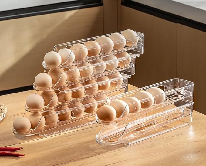 Egg Holder for Fridge,Stackable 1-4 Tiers Container,Auto Rolling Fridge Organizer for Refrigerator,Space-Saving Dispenser Holder,Refrigerator Egg Rack Transparent (1 Pack)