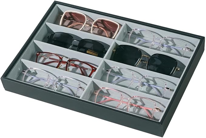 XHMQYC Glasses Holder Box Drawer Sunglass Organizer for Men Clear Wide Storage Case 8 Slots Multiple Reading Glasses Display, Black Leather
