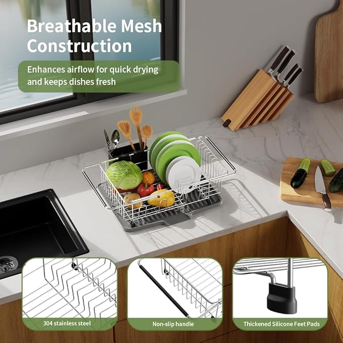 Dish Drying Rack in Sink With Non-Slip Silicone Mat Set, Expandable Carbon Steel Dish Drainers for Kitchen Counter, Bowl Dryer Rack Mat for Inside Sink, Over The Sink D ish Racks(COLOR:Grey+Silver)