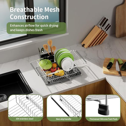 Dish Drying Rack in Sink With Non-Slip Silicone Mat Set, Expandable Carbon Steel Dish Drainers for Kitchen Counter, Bowl Dryer Rack Mat for Inside Sink, Over The Sink D ish Racks(COLOR:Grey+Silver)