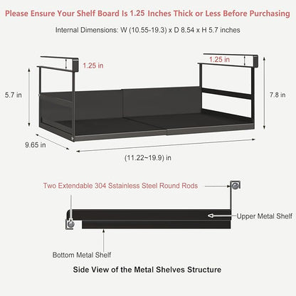 Expandable Under Cabinet Shelf Organizer with 1.25 Inches Thick Clips, Heavy Duty Extendable Under Shelf Storage Basket for Pantry or Laundry Room, Black, 2 Pack, Interior: 5.7" H x 8.54" D