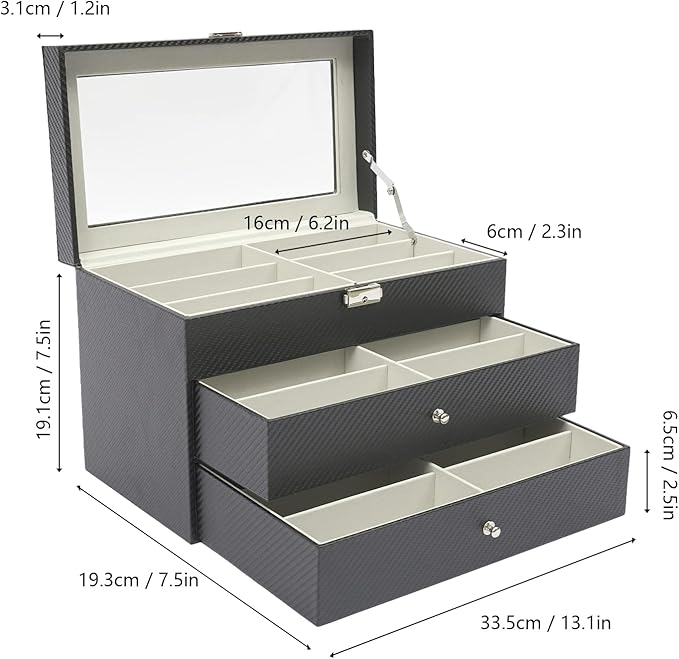 DouSeiAi 3 Layer Sunglasses Storage Box, 18 Grids of Glasses Organizer, Lockable Eyewear Display Case with Drawer (Grey)
