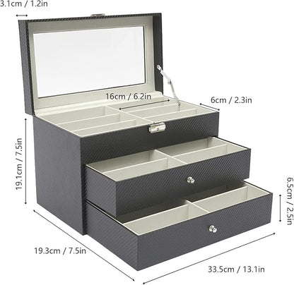 DouSeiAi 3 Layer Sunglasses Storage Box, 18 Grids of Glasses Organizer, Lockable Eyewear Display Case with Drawer (Grey)