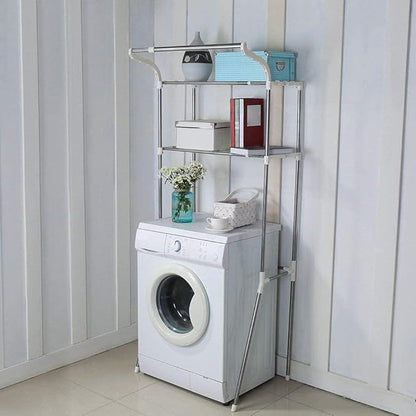 BAOYOUNI Adjustable Over Toilet Bathroom Organizer Above Washer Dryer Storage Shelf 2-Tier Space Saving Rack (24.4-40.55) W X 19.48 D X 68.11 H Inches, Ivory
